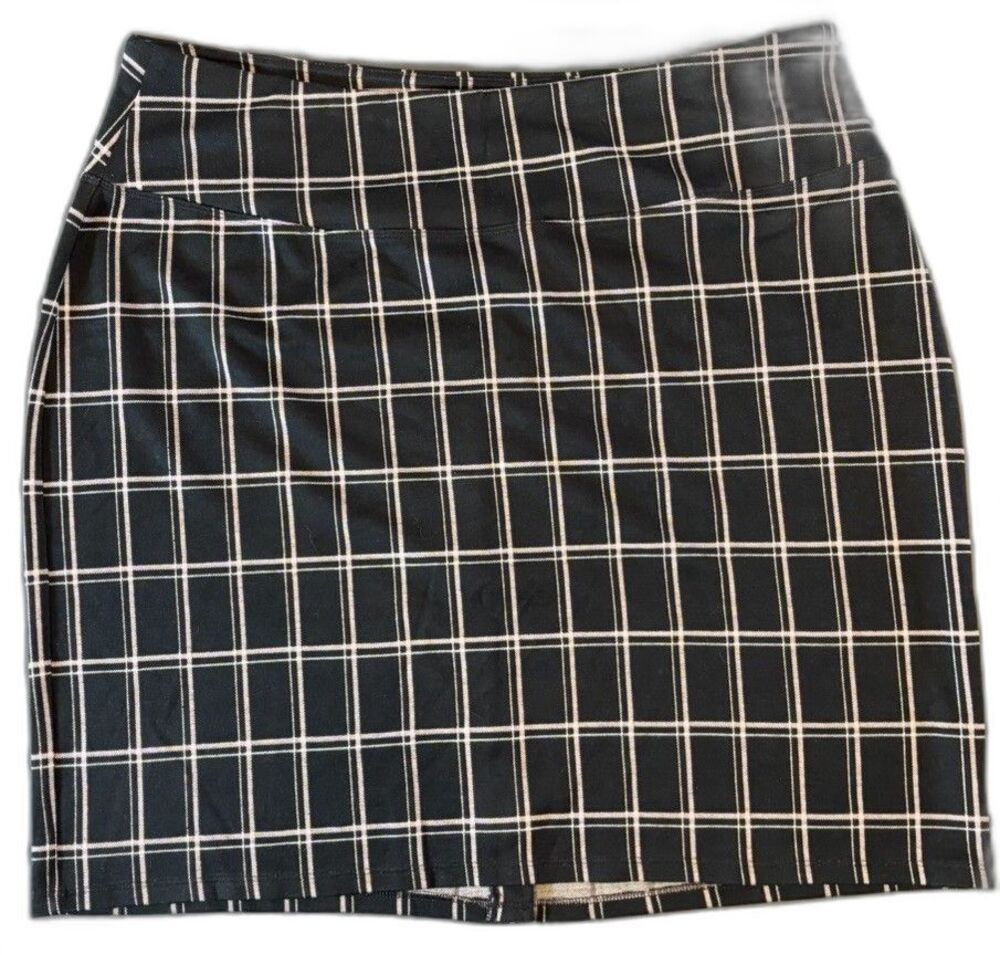 J Jill Wearever Black White Plaid Mini Skirt 2X Pull On Stretch Knit Academia